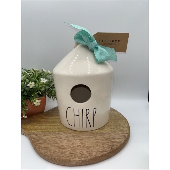 Rae Dunn Birdhouse CHIRP w/Bird on the back -7.5"-Teal Bow New Gift Shower Party - Picture 1 of 7